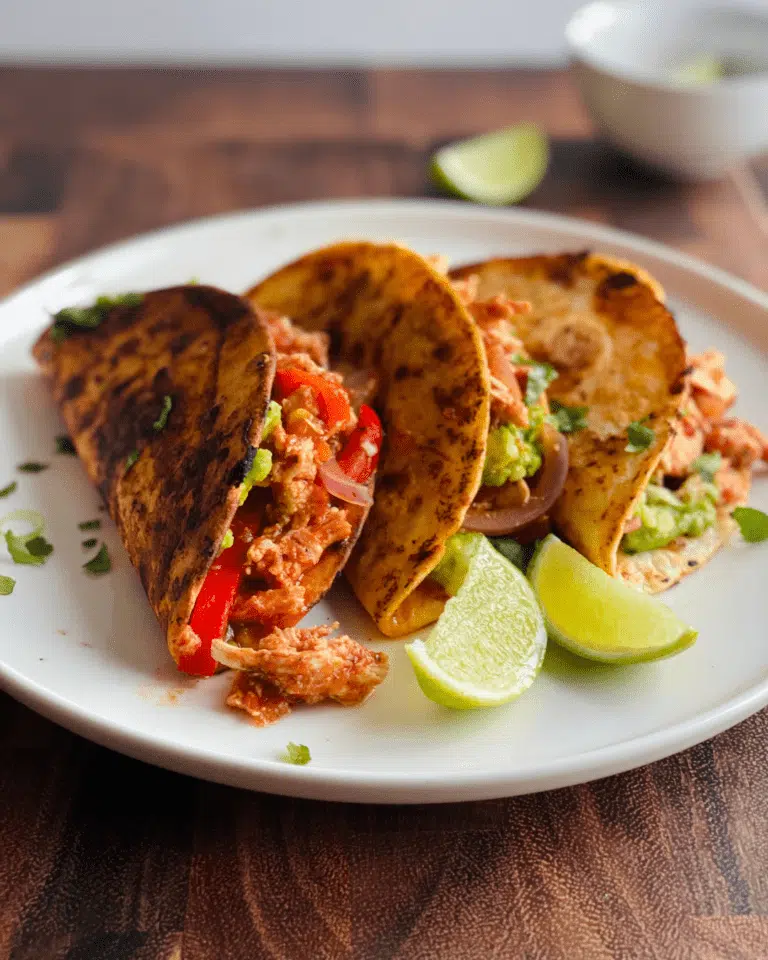 a plate of crispy chicken tacos with slices of fresh lime