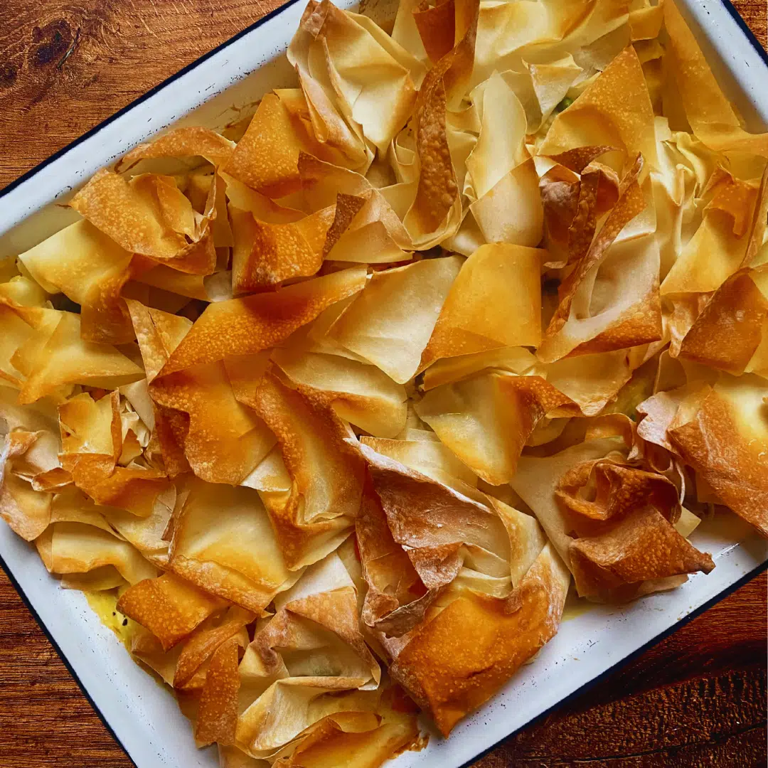 chicken filo pie in a baking tray