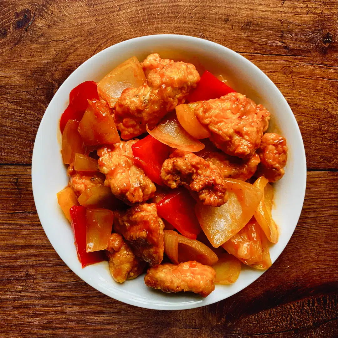 airfryer sweet and sour chicken in a bowl