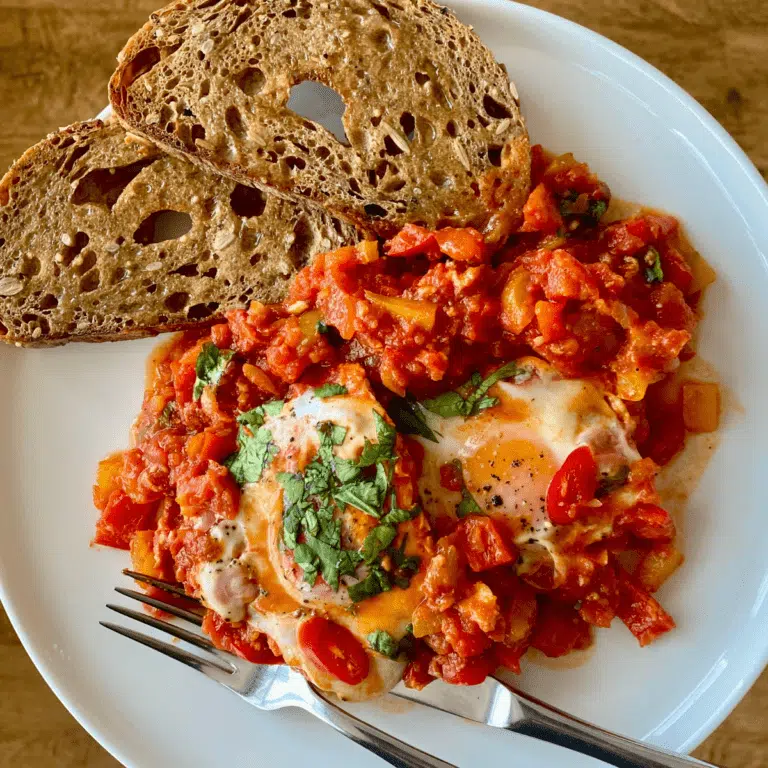 This is a photo of a shakshuka dish, that has a tomato and pepper based sauce with eggs cracked in and cooked in the same pan. One Pan Shakshuka