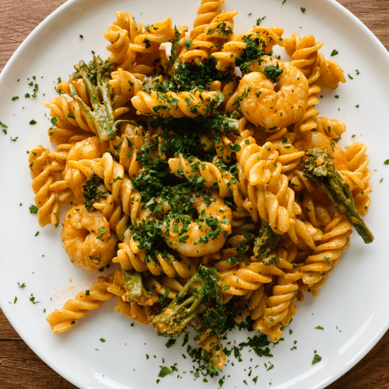 creamy cajun prawn fusilli pasta served on a white plate